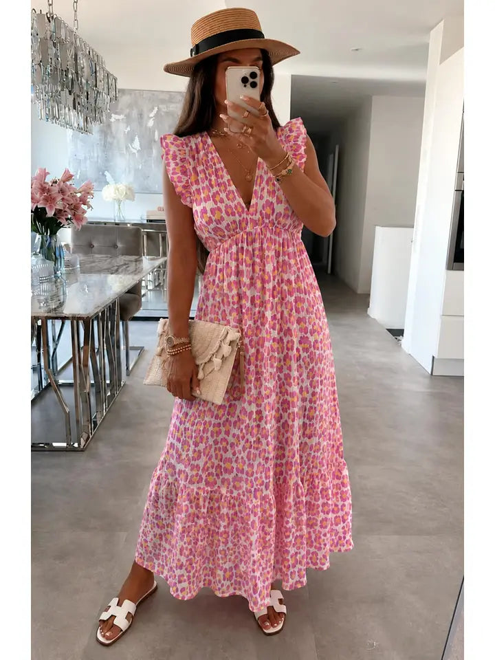 Anya Leopard Print Ruffle Frill Sleeve Cotton Gauze Style Maxi Dress-Pink