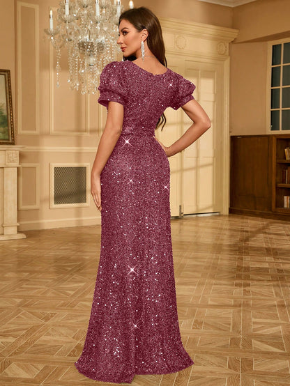 Women's Puff Sleeve Deep V-Neck Sequin Mermaid Maxi Dress