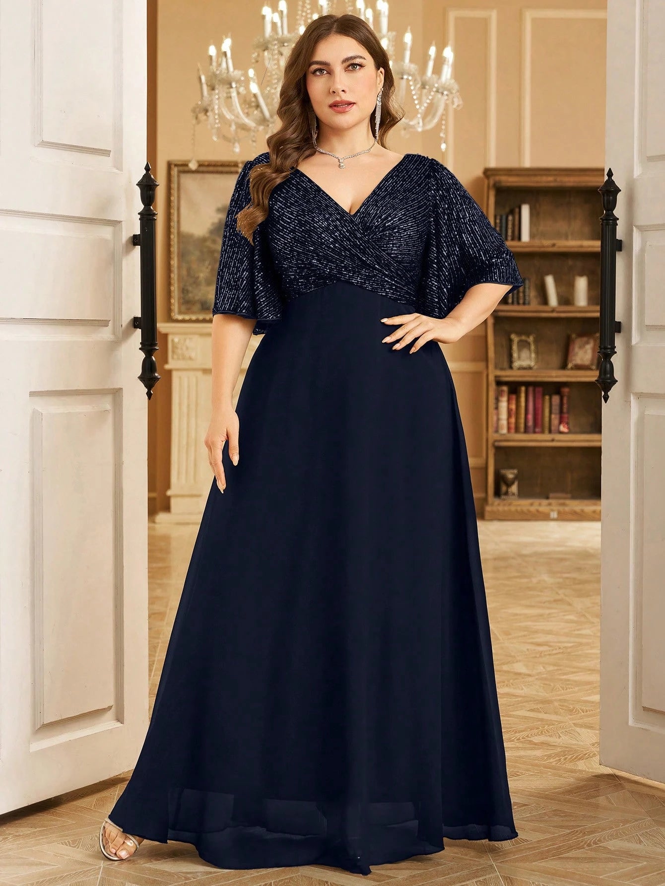 Women's Plus Size Elegant V-Neck Ruched Sequin Splice Maxi Dress