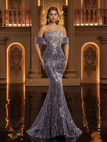 Women's Strapless Cold Shoulder Sequin Mermaid Maxi Dress