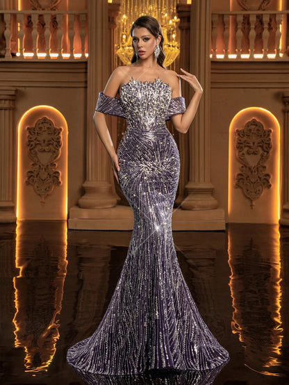 Women's Strapless Cold Shoulder Sequin Mermaid Maxi Dress