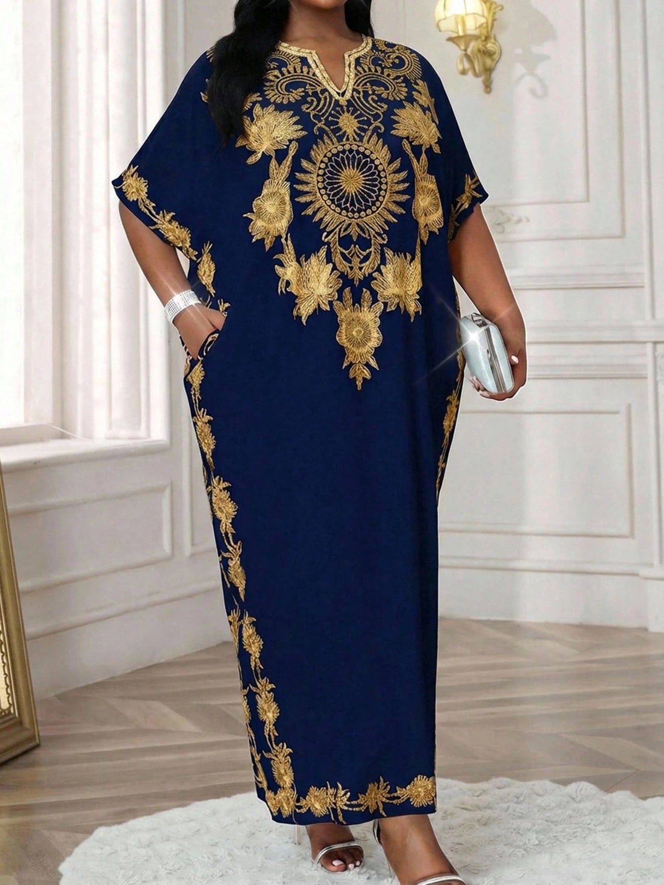 SHEIN Women's Plus Size Braided Notch Robe Kaftan Dress