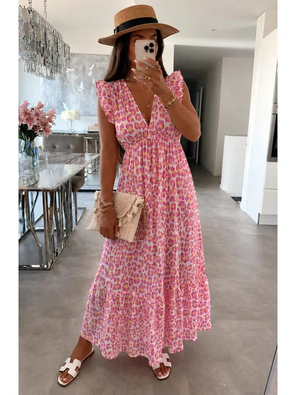 Anya Leopard Print Ruffle Frill Sleeve Cotton Gauze Style Maxi Dress-Pink