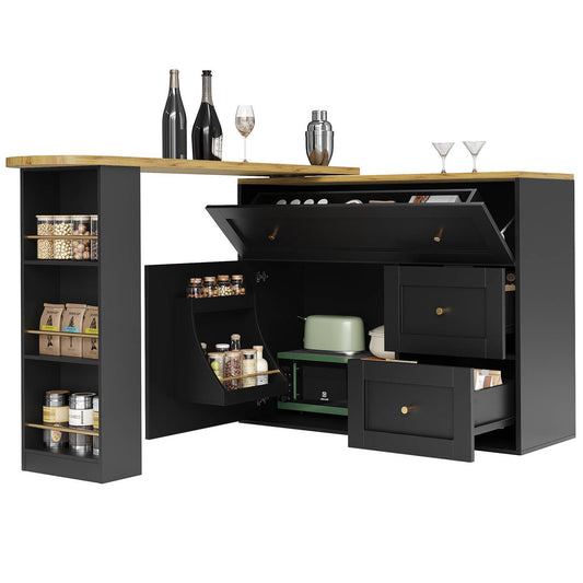 Wholesale Extendable bar table black with storage kitchen cabinet with snack shelf (138-204×39×105cm) MANGROVEPROP