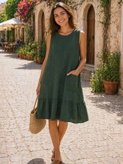 Italian Sleeveless Cheesecloth Midi Dress Uk | Cotton Summer Dress with Pocket