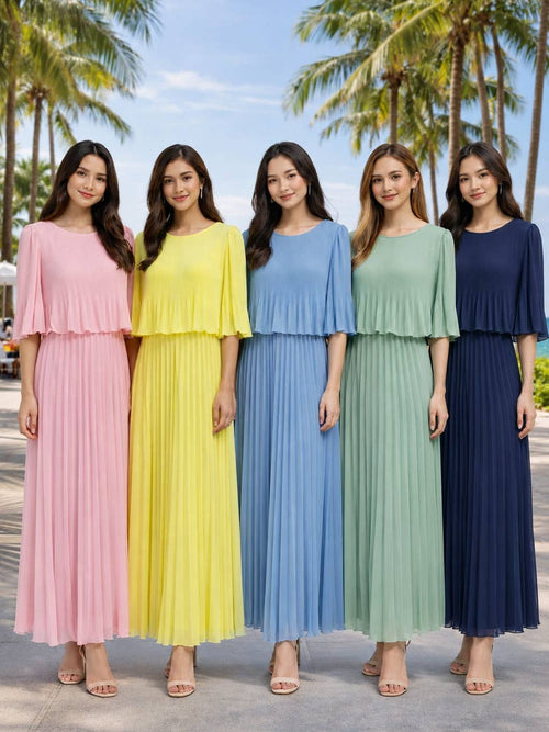 Wholesale Plain Crew Cape Pleated Plisse Maxi Dress