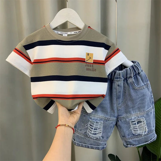 Boys Summer  New Boutique Design Outfits CottonSet Baby Boys Short Sleeve Shirt Jeans Shorts 2pcsClothing Children 67 8Y