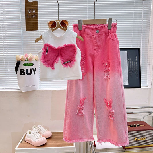 Girls' Summer Two-Piece Suit Sleeveless Ripped Jeans with Floral Denim for Older Children