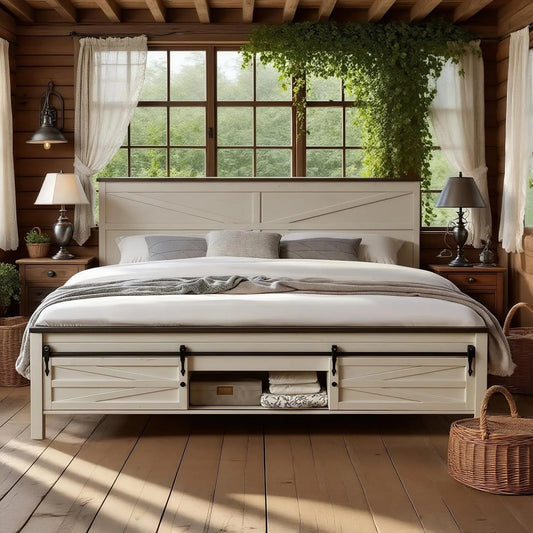 Farmhouse King Size Bed Frame with Headboard, Sliding Barn Door Storage Cabinets, Sturdy Wood Slats Support, No Box, Customized