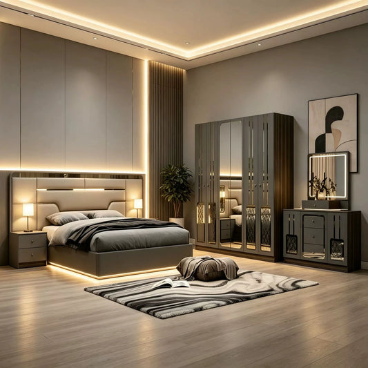 MINBDIBAO Turkish style Bedroom Set – King Bed with Upholstered Headboard, Nightstands, Wardrobe with Mirrored Doors, Dresser
