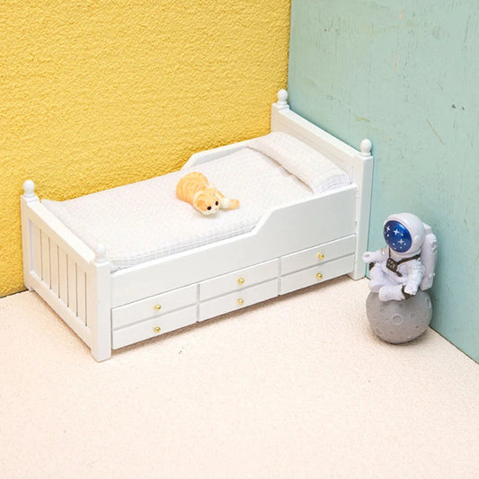 🛒1:12 Dollhouse Miniature Bed White European Single Bed with Drawer Bedroom Furniture Model Decor Toy Doll House Accessories