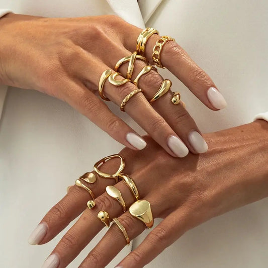 Ingemark 14Pcs/Set Punk Irregular Water Drop Open Rings for Women New Trend Vintage Adjustable Finger Rings Couple Jewelry Gift