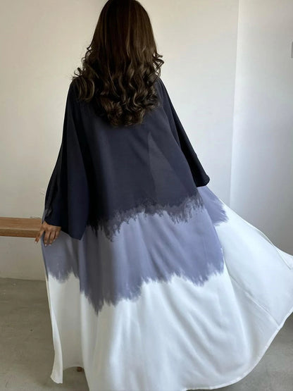 Abaya Fashion Midi Dress for Women; Middle East Muslim Long Robe with Tie-Dye Printed Cape for Spring and Summer